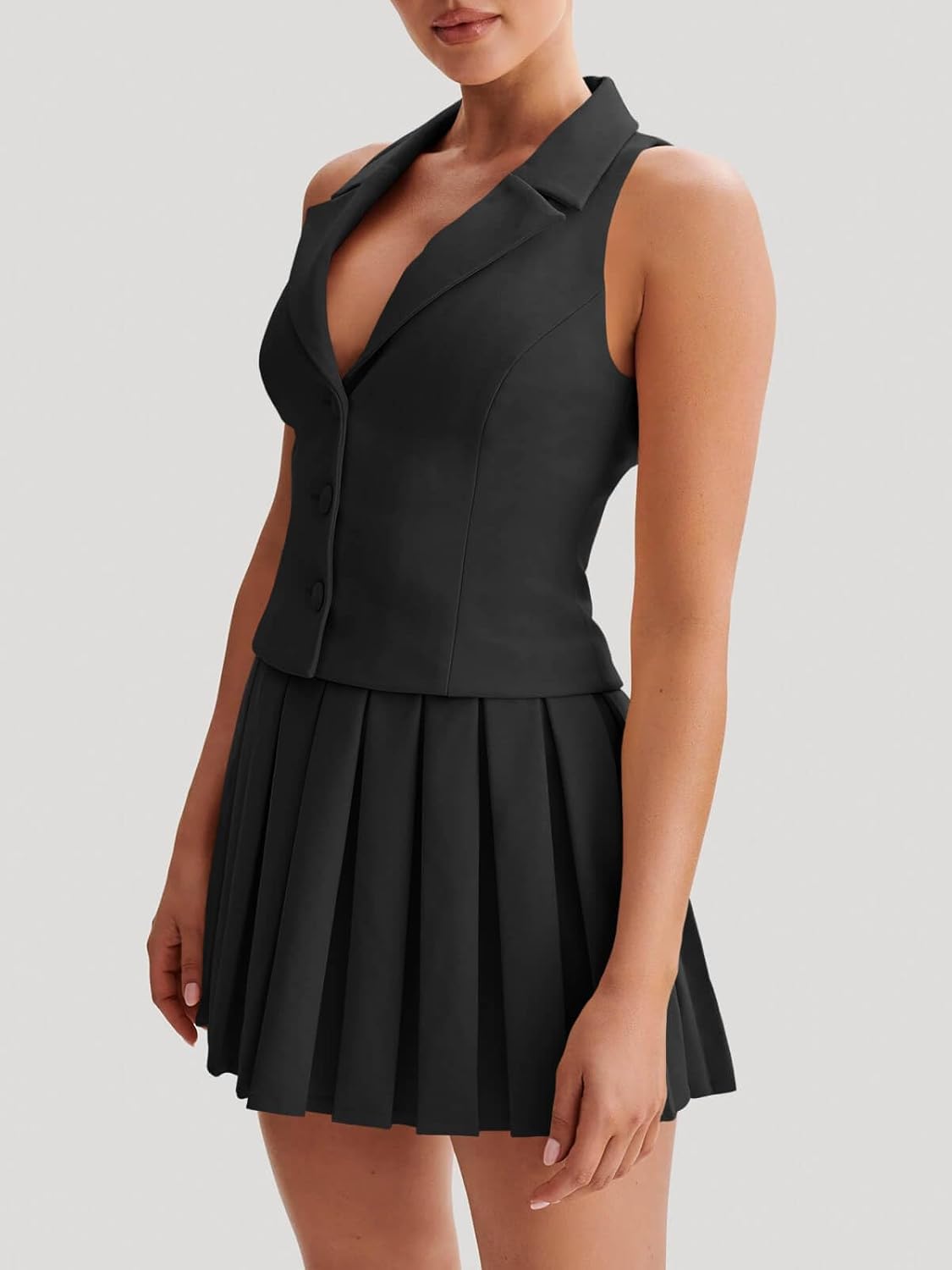 Cicy Bell Womens Summer 2 Piece Outfits V Neck Blazer Vest Matching Sets and Mini Pleated Skirts - Image 2