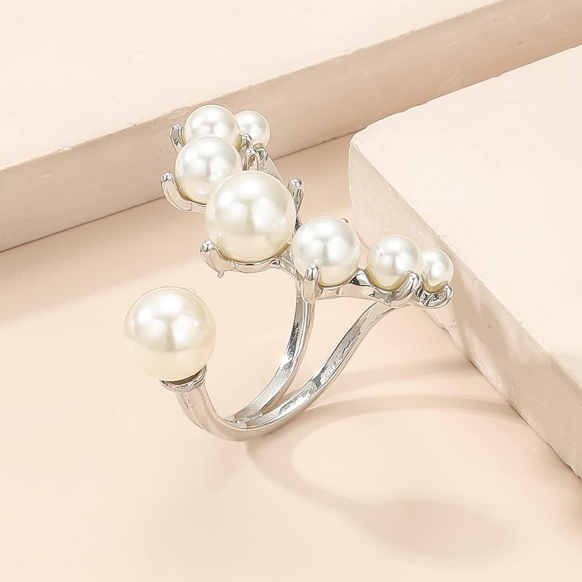 Vintage Pearl Ring Stacking Pearl Cluster Rings Adjustable Open Full Finger Ring Trendy Personality Pearls Statement Prom Jewelry for Women - Image 6