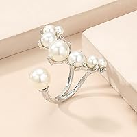 Vista 7 de Handmade Pearl Ring Stacking Pearl Statement Rings Adjustable Open Pearl Full Finger Ring Trendy Personality Pearl Cluster Jewelry for Women