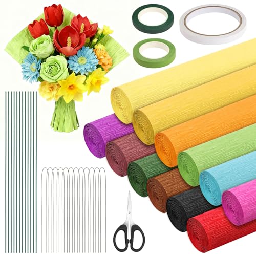 12 Colours Crepe Paper Rolls 25x250cm Crepe Paper Sheets with 30 Stem Wires(30cm & 40cm) 2 Rolls of Floral Tape Double-Sided Tape Scissor for DIY Florist Paper Crafts Party Supplies