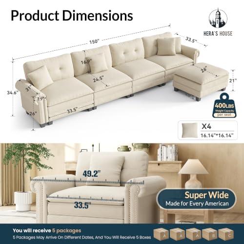 Image of HERA'S HOUSE 150 inch Oversized L Shaped Modular Sectional Couch Living Room | Mid-Century Modern 5-Seater Cloud Sofa, White, Rolled Arms & Nailhead Trim, Wider & Deeper Seats, Ottoman, Chenille