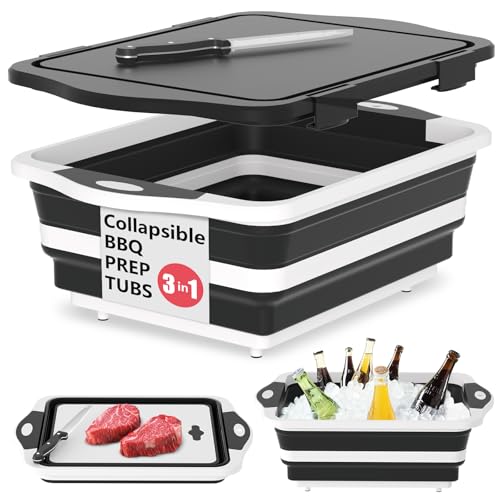 HI NINGER BBQ Prep Tub with Lid Collapsible Camping Sink with Colander Cutting Board & Knife Set for Grilling Smoking & Outdoor Cooking Collapsible Wash Basin for RV Camping Essentials