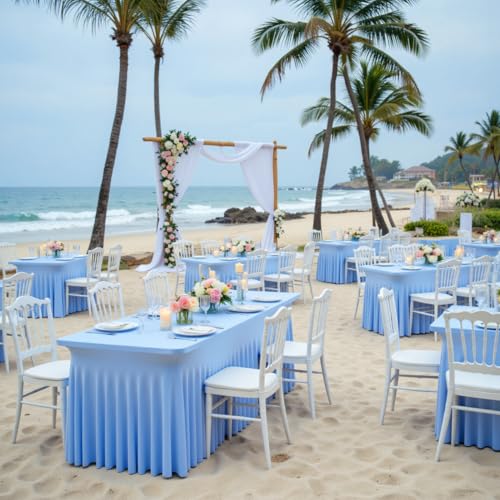 Image of Outpain 6Pack Baby Blue 8FT x 8FT Rectangular Spandex Polyester Blend Tablecloth for Standard Folding Tables - Set of 6