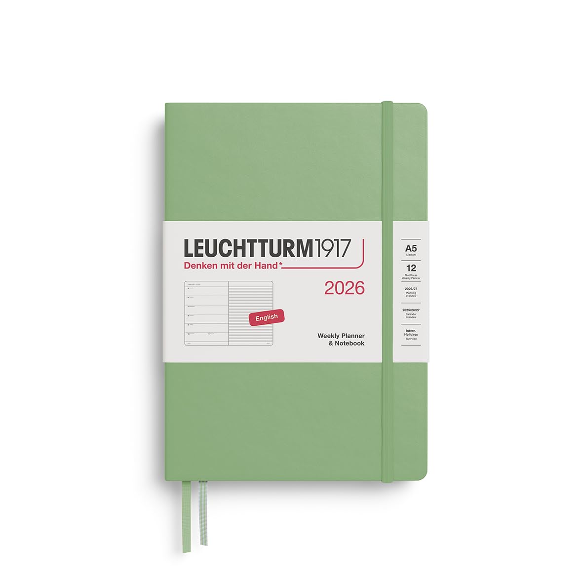 LEUCHTTURM1917 372656 Weekly Planner & Notebook Medium (A5) 2026 Hardcover, 12 Months, Sage, English