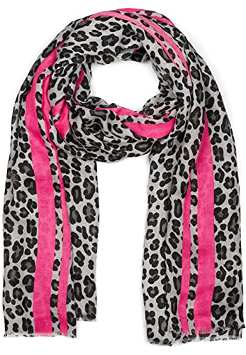 styleBREAKER Damen Schal mit Leo Muster, farbigem Streifen und Fransen, Tuch 01017082, Farbe:Grau-Pink