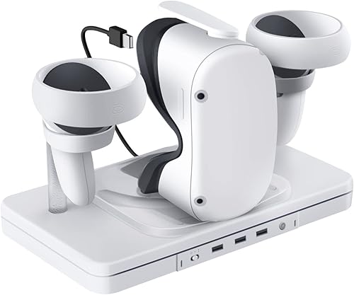 TNP Base de carga para Oculus Quest 2 Estación de carga de auriculares y controlador de realidad virtual con luz RGB y 3 puertos USB 2.0 Cable