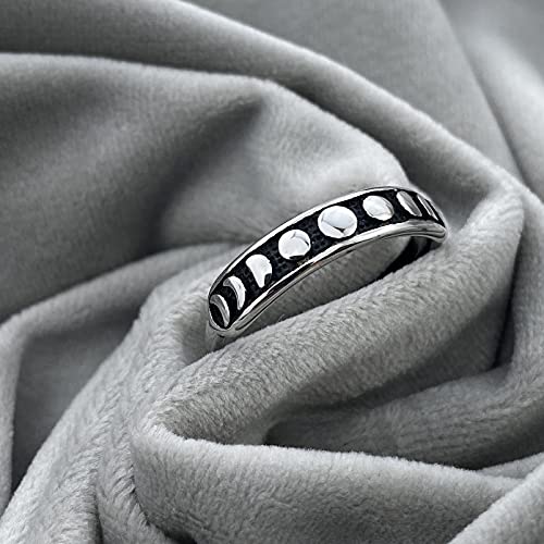 Stainless Steel Moon Round Shape Rings Retro Black Band Moon Phase Silver Wedding Ring Gift For Women&Men Size 6 #TOP4