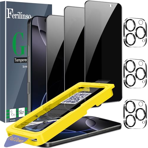 Ferilinso 3 Pack Privacy Screen Protector for iPhone 16 Pro 9H Military-Grade Shatterproof Tempered Glass Dust Removal Tray Dynamic Island Compatible Case Friendly Camera Lens Protectors