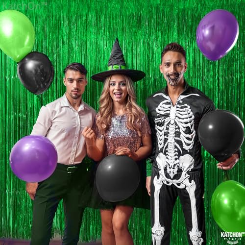 Image of KatchOn, Green Streamers Foil Fringe Curtains - 3.2x6.5 Ft, Pack of 2 | Green Backdrop for Dinosaur Birthday Decorations | Tinsel Backdrop for Safari Birthday Decoration, Jungle Party Decorations