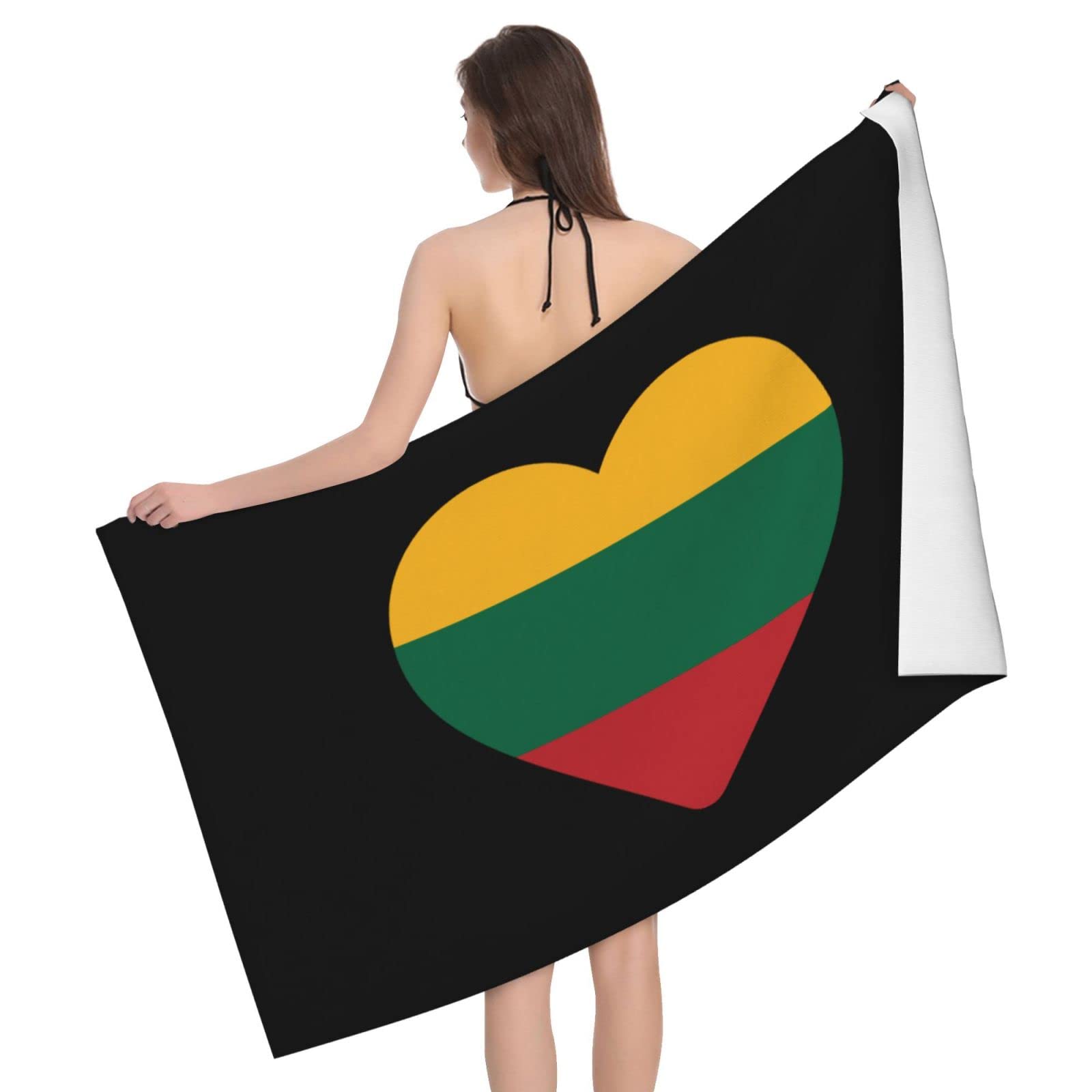 Lsjuee Flag of Lithuania Heart Beach Towel Absorb Water Quick Dry Bath Towel, for Beach, Swimming Pool, Camping