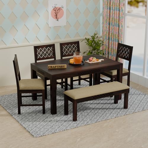 Image of 57 Inch Length Solid Sheesham Wood 6 Seater Dining Table Set | Six Seater Dinner Table with 4 Cushions Chairs & 1 Bench | Dinning Table Set 6 Seater for Living Room | Walnut Finish