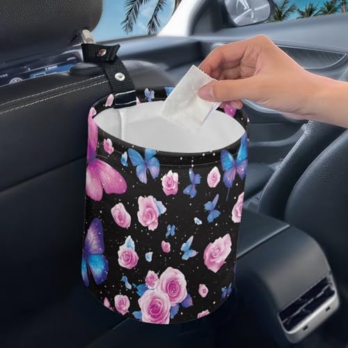 Image of Butterfly Rose Car Trash Can, Waterproof Camping Trash Can, Car Interior Accessory for Back Seat, Front Console, Floor, or Hanging Headrest Waste Basket