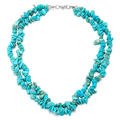 COOLSTEELANDBEYOND Hecho a Mano Dos Hileras Irregular Turquesa Perla Cadena Babero Gargantilla Choker Collar con Colgante, Clásico