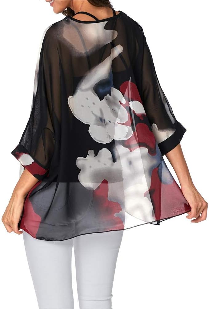 Nicetage Boho Top Sheer Dressy Blouse Chiffon Blouses for Women Sheer Poncho Flowy Batwing Tops Cruise Wear - Image 5