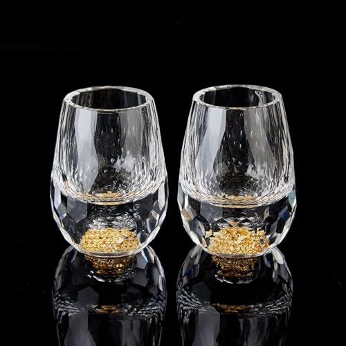 DUJUST Diamond Shot Glasses (1.5 oz / 44 ml) set of glass cups decorated with 24k gold leaf flakes luxury and beautiful shot glasses 2 units