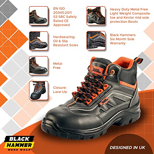 Black Hammer Mens Safety Boots Leather Metal Free Composite Toe Cap Kevlar Work Shoes 88522