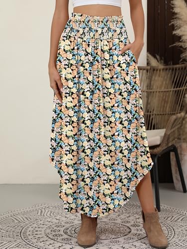 Image of ANRABESS Women's Maxi Skirts Summer Boho Floral High Waisted Flowy Swing Pleated Beach Long Skirt with Pockets