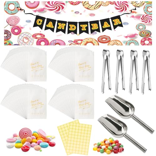 Kit d'accessoires pour bar à bonbons, contient 100 sachets de bar à bonbons et 2 autocollants, 4 pinces à sucre, 2 pelles à candybar, 1 guirlande...
