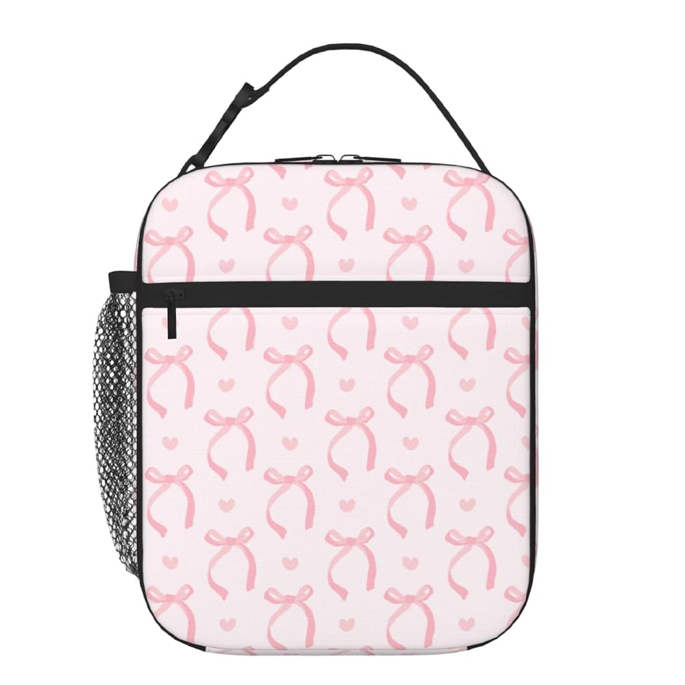 JOAASU Insulated Pink Bow & Heart Lunch Bag for Women & Girls, Reusable Leakproof Thermal Cooler Lunch Box with Side Mesh Pocket, Portable Lunchbag with Handle for Work, School, Picnic, Travel & Beach