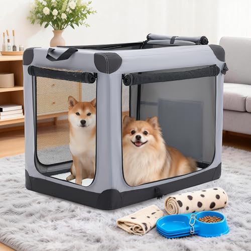 Image of NEWBULIG Collapsible Dog Crate 42 Inch, Portable Travel Crate for Dogs and Cats, Soft Foldable Pet Kennel with 3-Door Mesh Windows Indoor & Outdoor