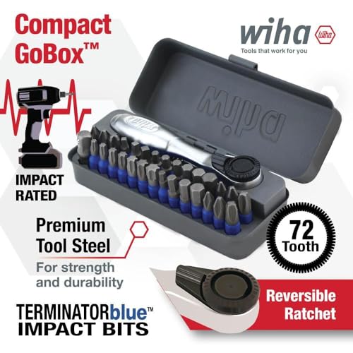 Image of Wiha 76889 32 Piece GoBox TerminatorBlue Impact Bit Set with Mini Ratchet