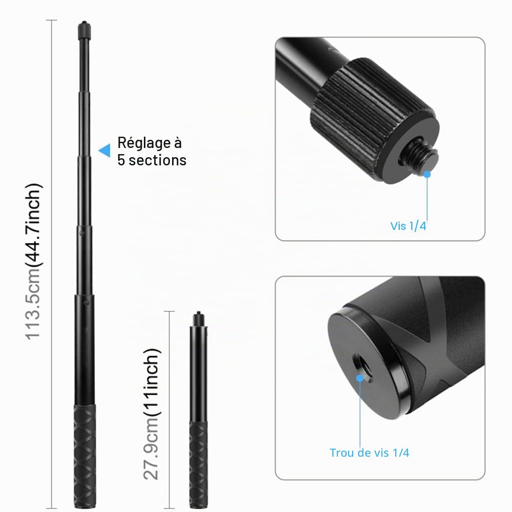 Andoer Perche à selfie invisible, support pour caméra de vélo, bâton à selfie réglable pour moto, montage sur guidon, support pour caméra de 27,9 cm à 113,5 cm avec filetage de 1/4 de pouce pour