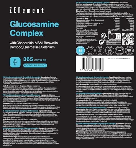 Glucosamin-Komplex mit Chondroitin, MSM, Boswellia, Bambus, Quercetin und Selen - 365 Kapseln, Kapsel-Form - Ohne Zusatzstoffe, Ohne Gentechnik - Zenement