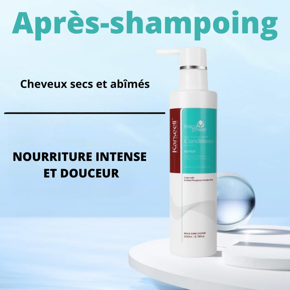Karseell MACA CARE SYSTEM Coffret Shampooing Volumisant + Après-Shampooing Réparateur Huile d’Argan Panthénol Volume Réparation Hydratation Cheveux Fins Secs Abîmés Sans Sulfates ni Parabènes 200ml x2