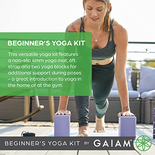 Gaiam Beginner's Yoga Starter Kit Set (Yoga Mat, Yoga Blocks, Yoga Strap) - Light 4Mm Thick Printed Non-Slip Exercise Mat For Everyday Yoga - Includes 6Ft Yoga Strap & 2 Yoga Bricks - Lagoon Mandala #TOP1