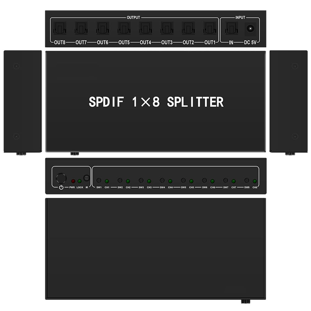 Optical Audio Splitter,1 in 8 Out Fiber Optic Digital Toslink S/PDIF Splitter for Home Theater,Speakers, EU Plug