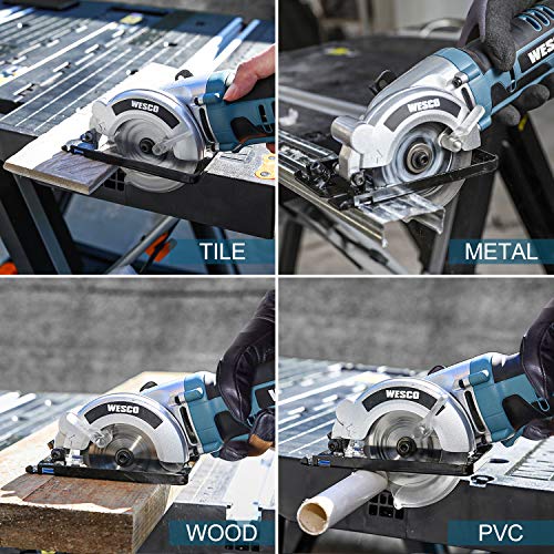 Cordless Circular Saw, WESCO 20V 3-3/8'' Mini Saw with 2.0Ah Lithium-Ion Battery and 1H Charger, MAX Cutting Depth 1-1/8