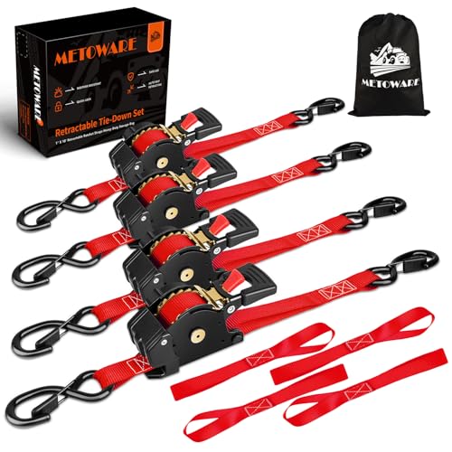 Image of METOWARE Retractable Ratchet Straps (4-Pack) - 1 in x 10 Ft (1500lb Break Strength) - Heavy Duty Auto Self Retracting Tie Down Straps for Truck, Trailer, Cargo Van, Motorcycle - Red
