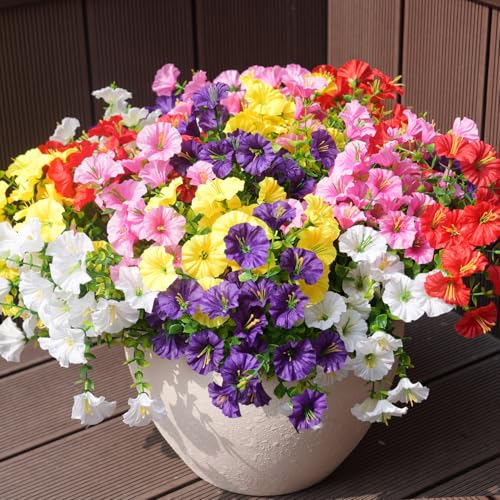 Image of Artificial Flowers for Outdoors, UV Resistant Fake Silk Morning Glory, Realistic Faux Plants for Outside Porch Patio Window Box Hanging Planter (12, Purple White Yellow Pink Red)