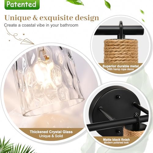 MOKATNG 2025 Upgrade Bathroom Light Fixtures, 3-Light Coastal Vanity Lights with Crystal Glass Shade, Black Bathroom Wall Lamp for Mirror Kitchen Hallway Cabinet - Image 4