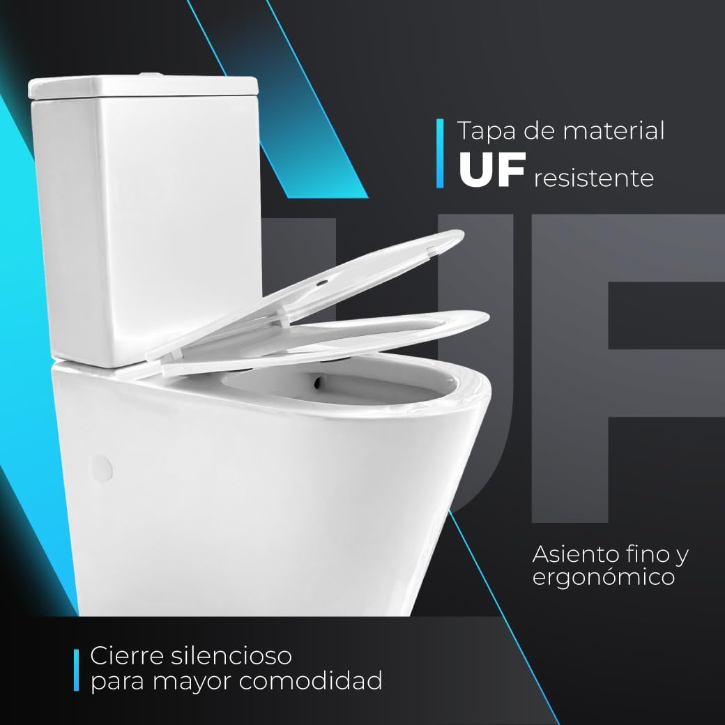 Inodoro Completo,Inodoro Blanco, Retrete para Hogar VENECIA Sistema Rimless Antibacterias Tapa Dura Extrafina Amortiguada Salida Dual