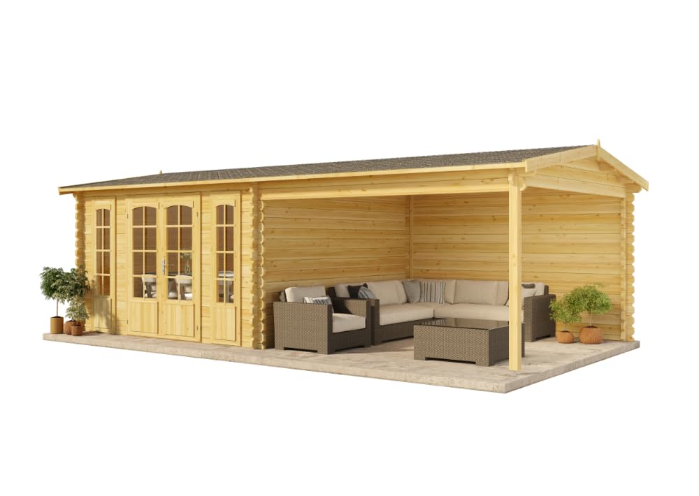 Alpholz Gartenhaus Freiburg-44 aus imprägniertem (Pinie) Holz 755 x 399 cm mit 44 mm Wandstärke, Terrasse und Doppeltür