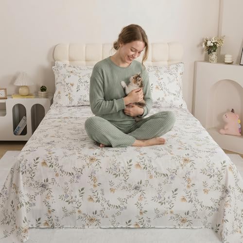 Image of FADFAY Double Gauze 100% Cotton Queen Sheets Set Floral Bed Sheets Deep Pocket Fitted Sheet, Luxury Botanical Pattern Cottagecore Style