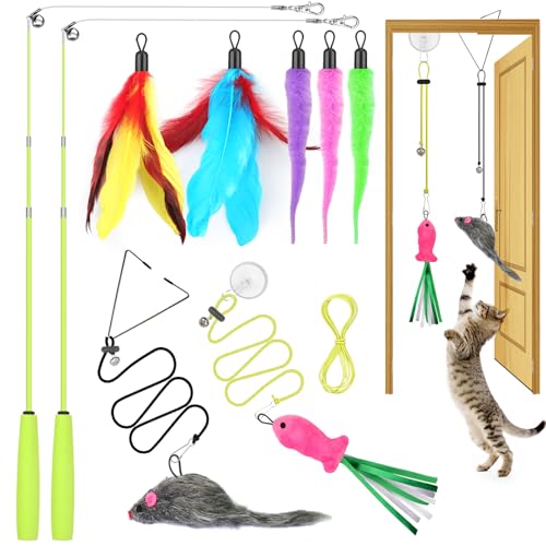 ChicWow Interactive Retractable Cat Wand & Hanging Toys for Cats - 2 Wands, 2 Hanging, 7 Teaser Cat Toys for Indoor Adult Cats Kitten, Includes Feather, Mouse, Fish, Worm, 1 Spare Elastic Rope