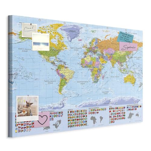 murando - Mapamundi con tablero para clavar chinchetas 120x80 cm - Cuadro en Lienzo estructurado - 1 parte - Panel de Fibra - Mapa del Mundo Continente - k-A-0204-v-a