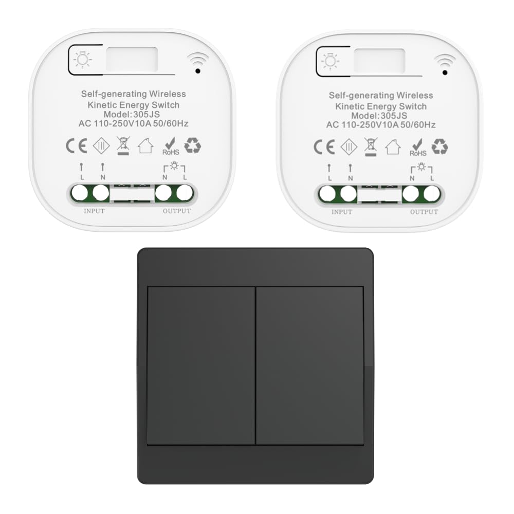 kabelloser kinetischer Schalter schwarz RF kinetische kabellose Schalter mit einfacher und doppelter Steuerung ohne Batterie Funkfernbedienung kabelloser Schalter (Schwarz 2Gang 1V2 EU)