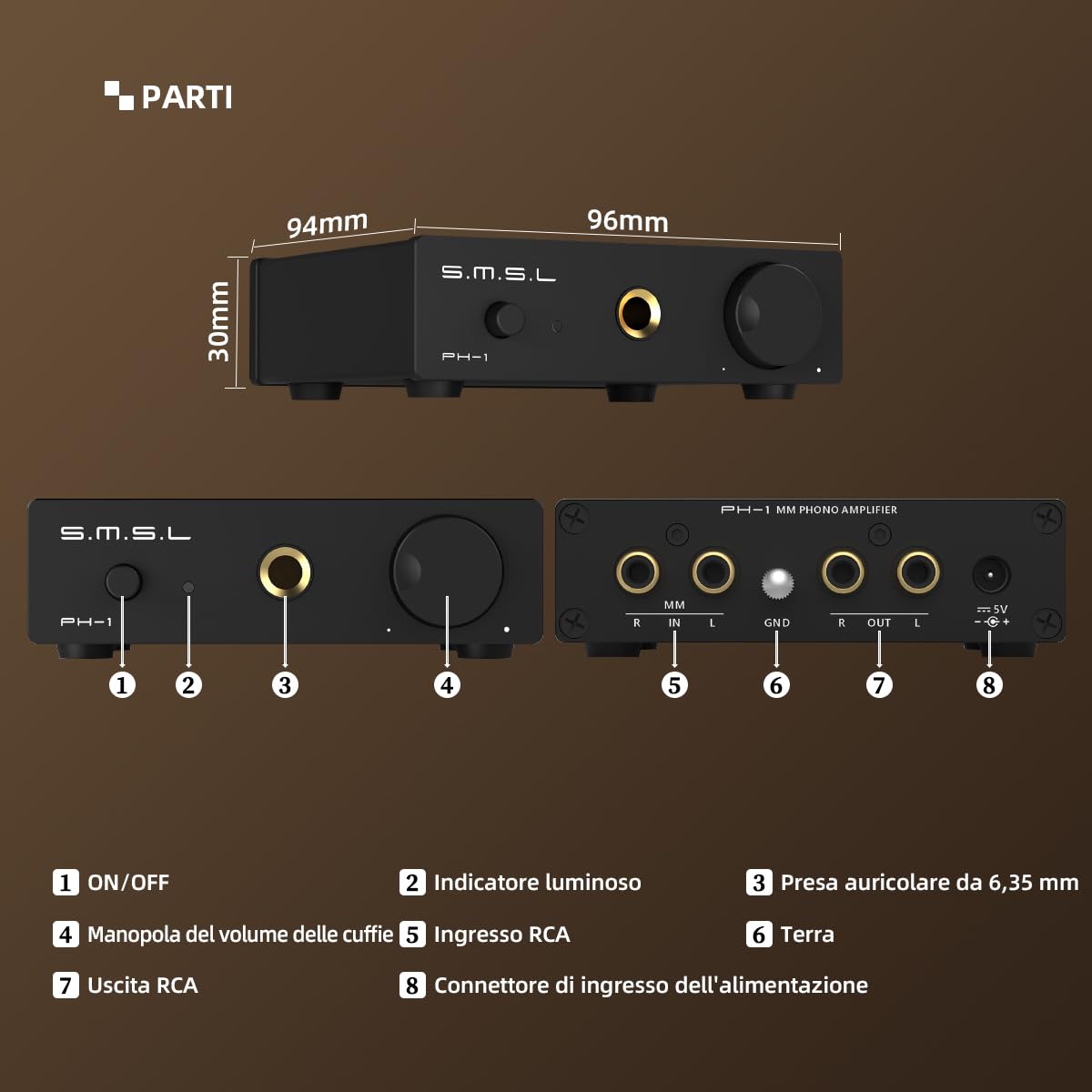 S.M.S.L PH-1 Preamplificatore Phono Mini per Giradischi MM, Amplificatore Audio Stereo HiFi, Preamp con Uscita RCA 6.35mm, Alimentazione DC 5V