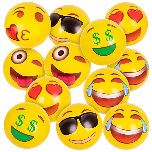 Kangaroo 12-Pack Emoji Beach Balls Bulk, Unique Emoji Designs Inflatable Balls for Kids & Adults, Ideal for Pool Parties, Beach Games & Summer Fun, 12 Inches Diameter Smiley face Beach Ball