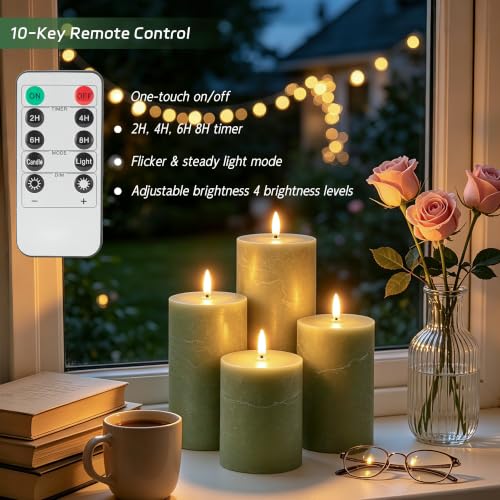 Image of Olive Green Flameless Pillar Candles, Real Wax LED Candles with Remote & Timer, Battery Operated Decorative Candles for Aesthetic Home Decor, Set of 4