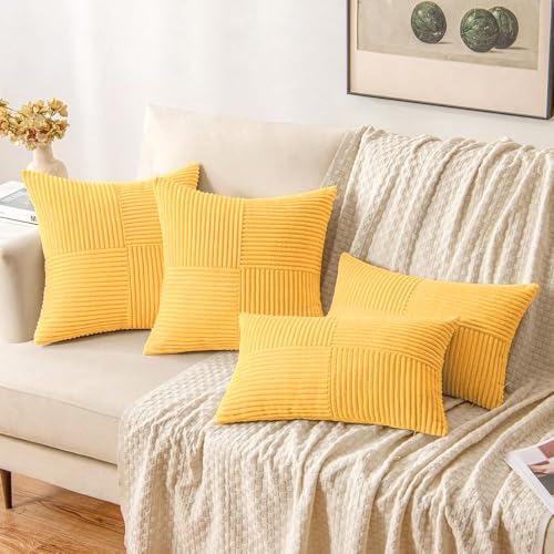 Image of MIULEE Yellow Decorative Throw Pillow Covers 18x18 Inch for Couch Bed Sofa Pack of 2 Boho Farmhouse Throw Pillows Soft Cross Corduroy Patchwork Textured Cushion Cases