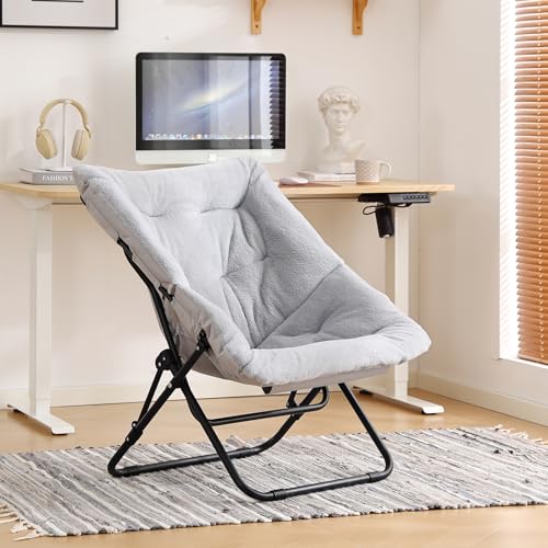 Saucer Chair - Comfy Oversized Folding Faux Fur Lounge With Metal Frame for Bedroom, Living Room, Dorm Rooms - Grey