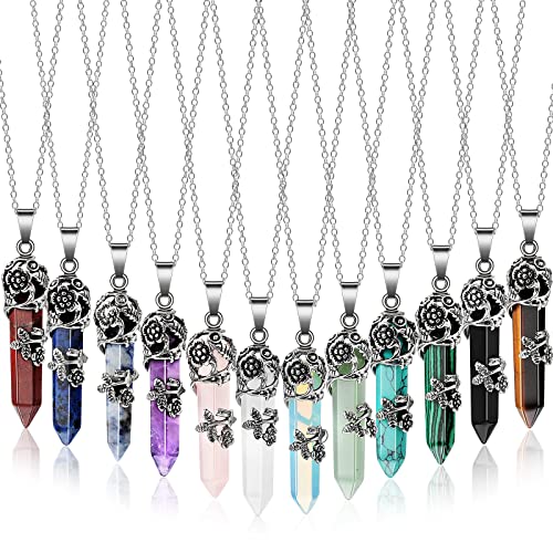 Sureio 12 Pcs Healing Crystal Necklace Hexagonal Healing Flower Wrapped Crystal Point Pendant Natural Quartz Point Necklace with Chain for Women