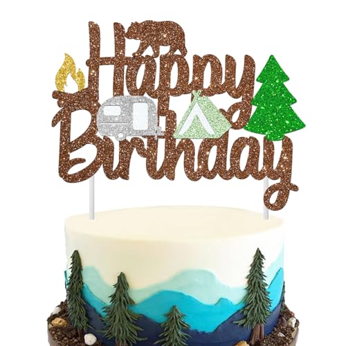 Camping Birthday Cake Topper Happy Camper Cake Decorations Bear Woodland Tent Themed Birthday Decorations Glitter Lumberjack Cake Picks for Outdoor Adventure Baby Shower Wild Party Supplies