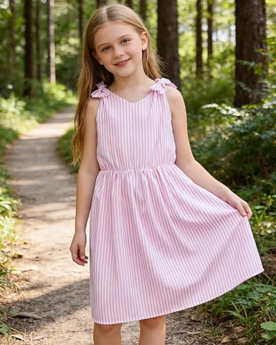 Enlifety 3T 4T Toddler Girls Dress Sleeveless Summer Dresses Bowknot Strap Pink Striped Sundress for Casual Back to School Holiday