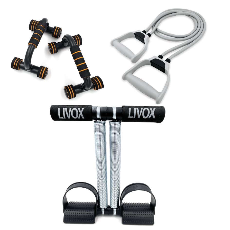LIVOX Gym Home Workouts Equipment Combo Set for Men Women Full Body Exercise Kit - Tummy Trimmer, Toning Tube Band, and Push Up Stand