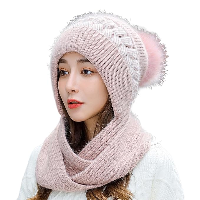 krystle Women's Knitted Hat Winter Plush Velvet Warm Woolen Cap Neck Scarf | Twist Color Fuzzy Slouchy Beanie Monkey Cap with Muffler for Ski Hiking Outdoor Girls & Ladies (Pink)-picture-40